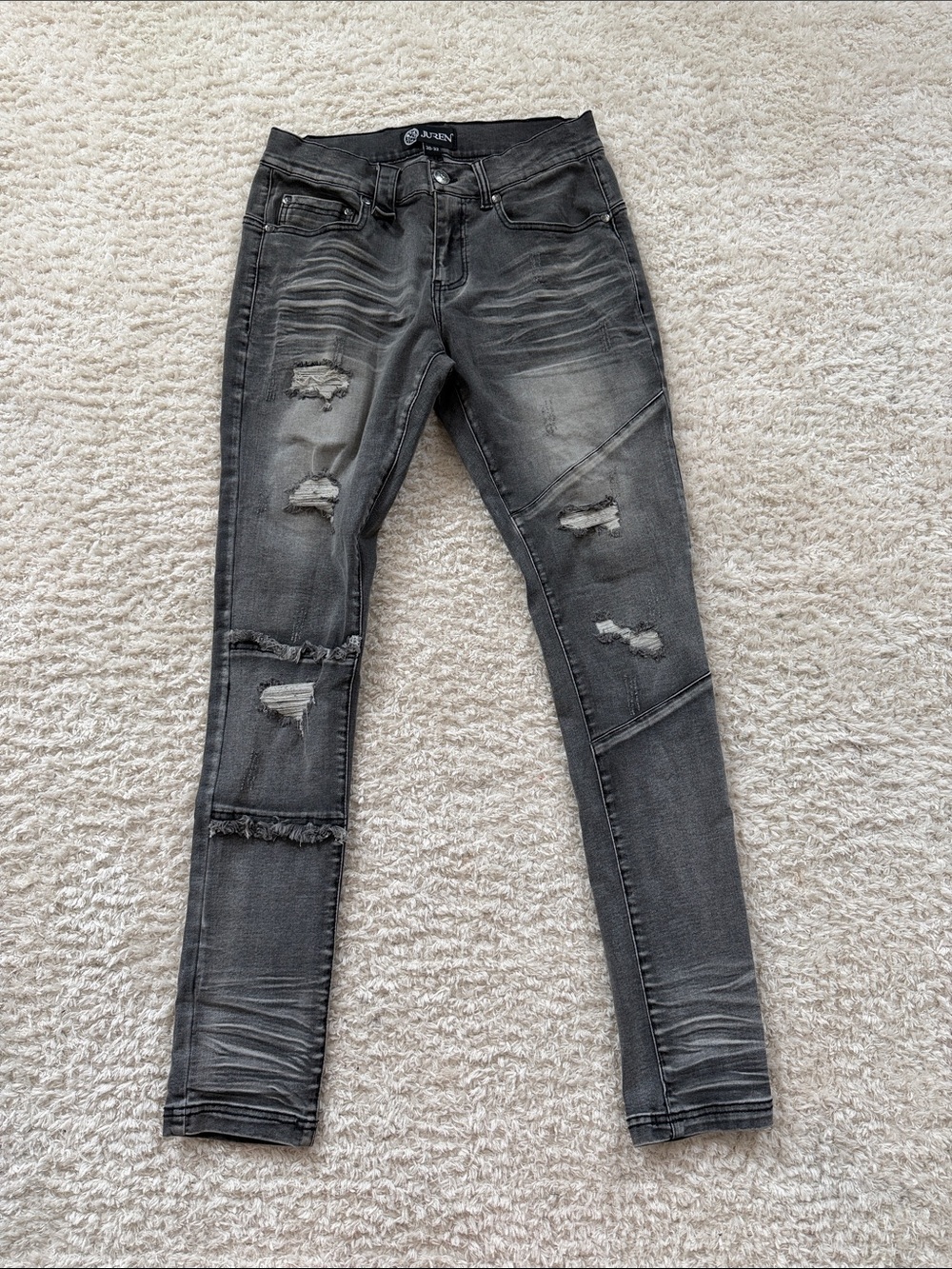 Juren Astar Y2K Distressed Gray Slim Jeans – Whisker Wash Streetwear 30x32